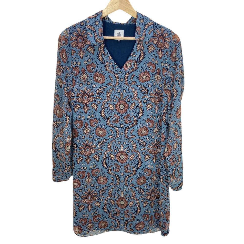 CAbi Provincial Tunic Dress Size XS Blue Paisley Floral Shift V Neck Printed‎